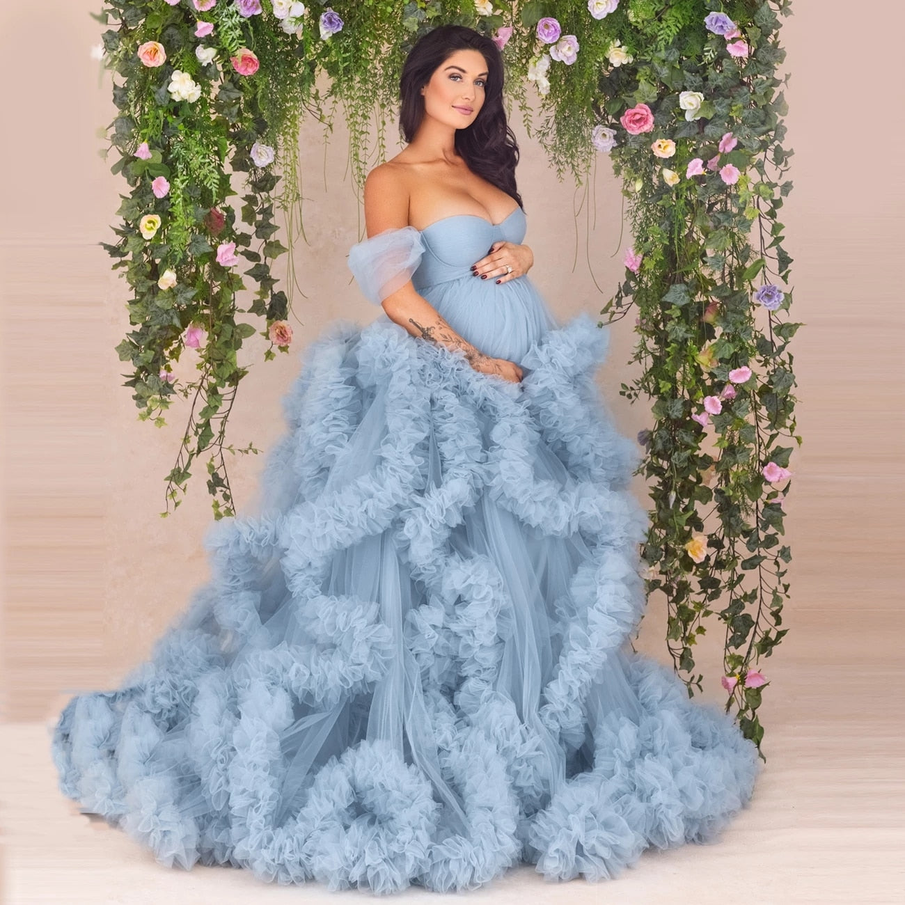 Dusty Blue Ruffled Tulle Maternity Gown ...